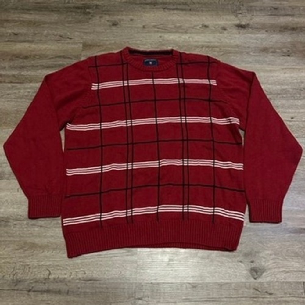 Saddlebred Mens XL Red Cotton Windowpane Striped Crewneck Sweater Long Sleeve